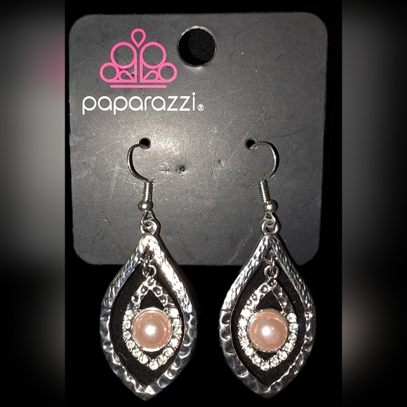 Silvertone and Peach Drop Earrings - Picture 2 of 2